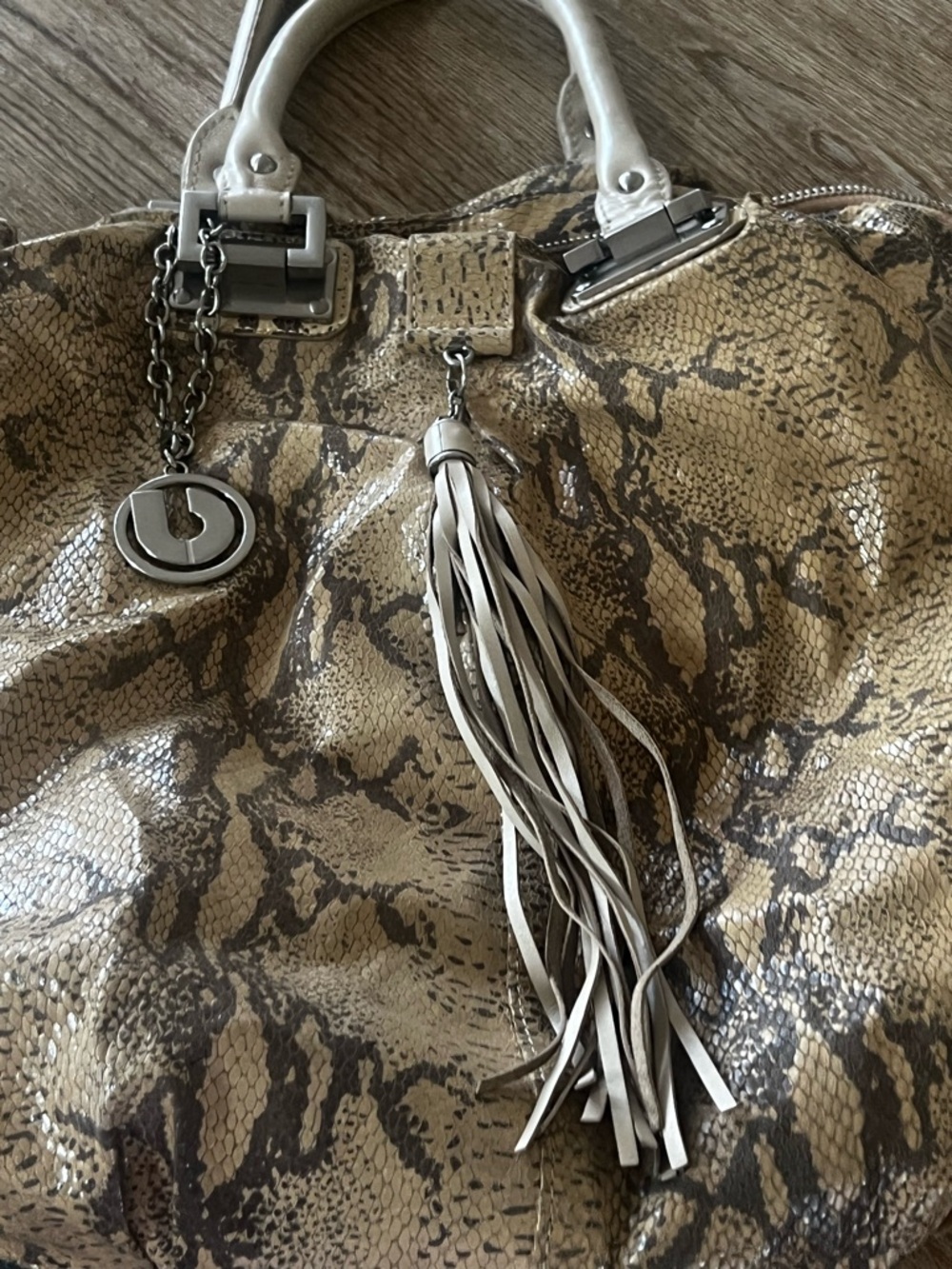 Charles Jourdan Tan Snake-Print Tote with Tassel Charm
